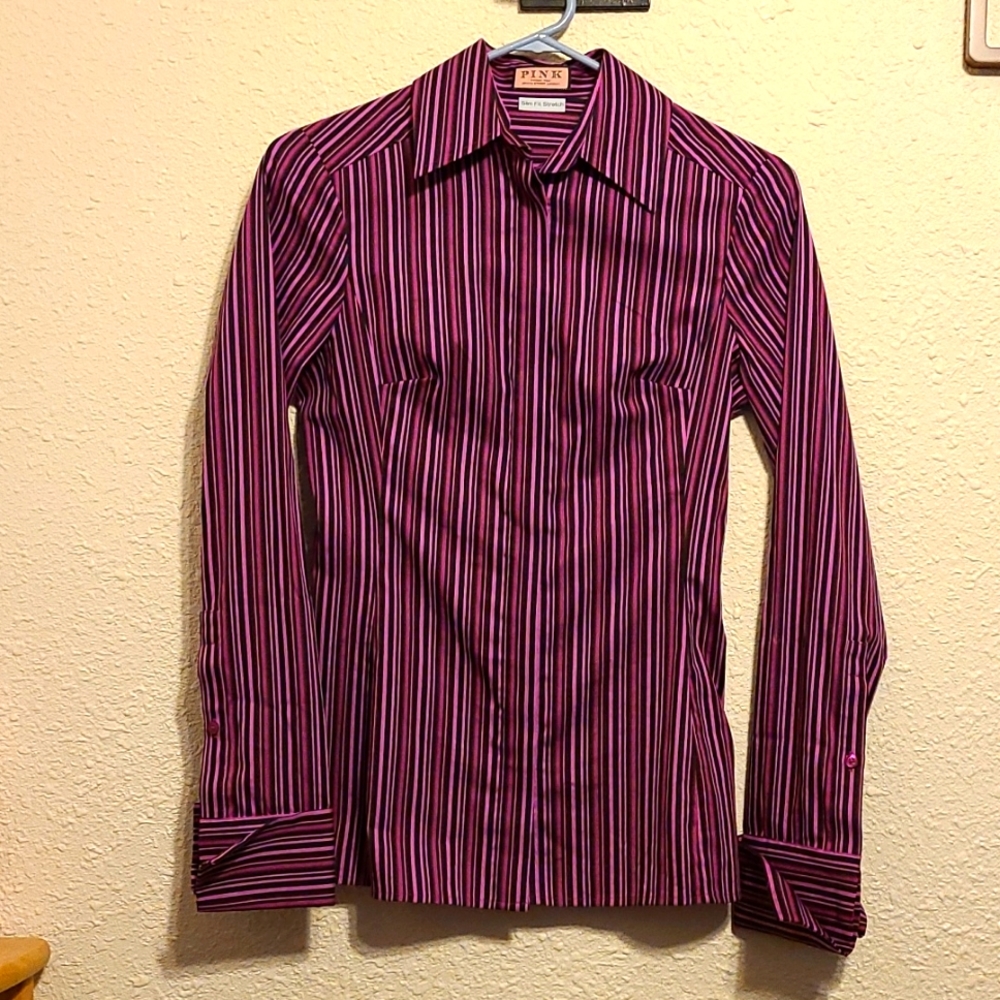Thomas Pink Slim Fit Stretch Button-Down Shirt, Pink/Black Stripes, Size 0
